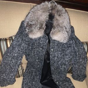 Knee length fox trim trench coat